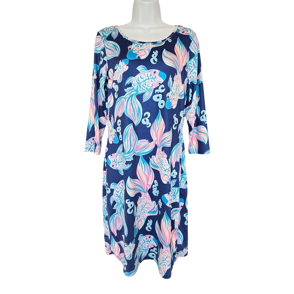 Tango Mango Koi Fish Print Dress S 3/4 Sleeve Stretch Coastal Preppy Dopamine - Picture 2 of 9